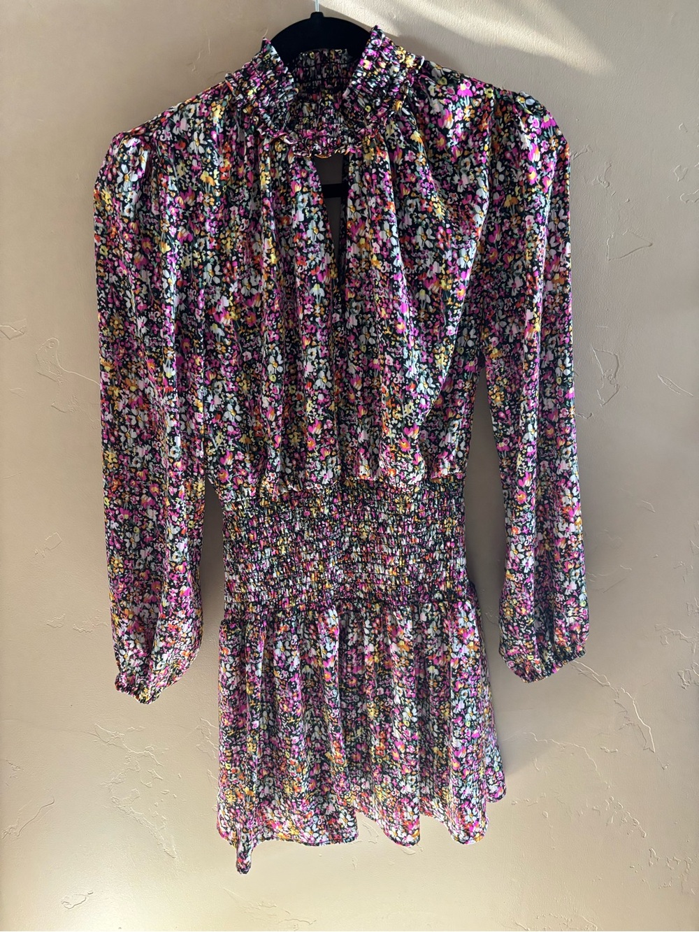 Steve Madden Floral Smocked Waist Long Sleeve Mini Dress - Pink, Black & White